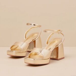 Lulus Shirine Gold Metallic Platform Ankle Strap Heels